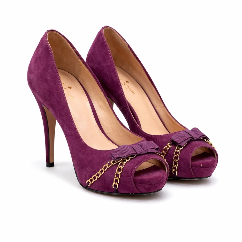 Kate Spade New York Purple Suede Peep Toe Bow Chain Heels 6B
